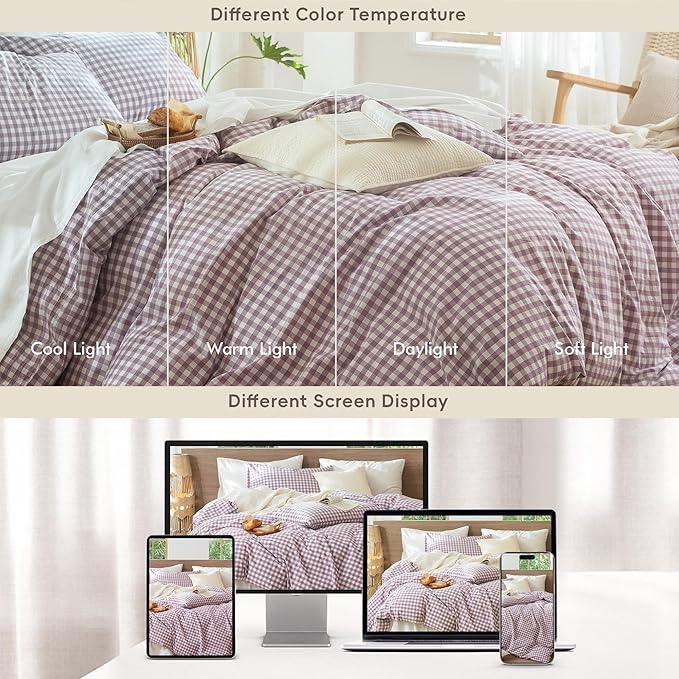 MooMee Gingham Duvet Cover Set 100% Washed Cotton Linen Like Textured Breathable Durable Soft Comfy Modern Checkered Design (Classic Gingham Light Purple, King 104"x90")