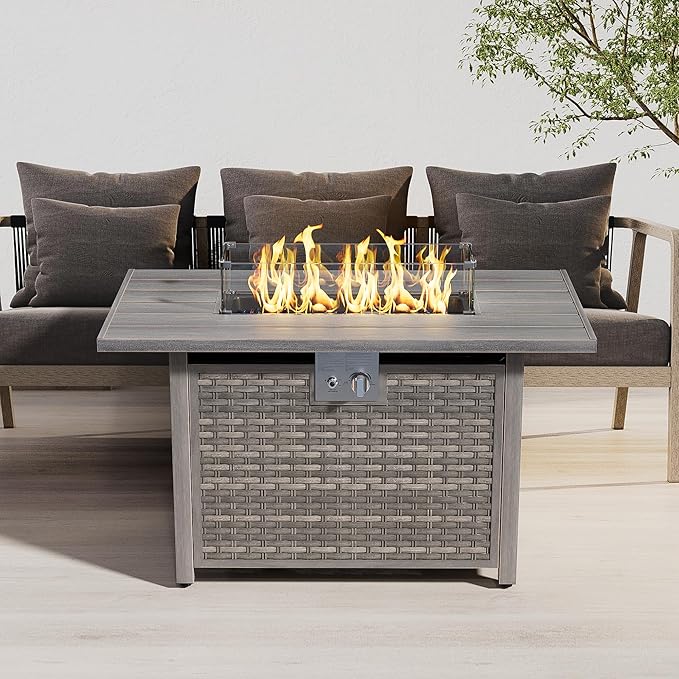 43" Rectangular Propane Fire Pit for Outside Patio 2 in 1, 50,000 BTU Fireplaces with Lid, Glass Rocks, Cover