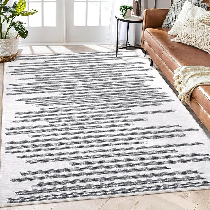 Washable 5x7 Rugs for Living Room Low Pile Soft Bedroom Rug Modern Abstract Lines Carpet Non Shedding Thin Office Carpets Contemporary Geometric Striped Floor Mats for Kitchen Nursery, Beige Grey