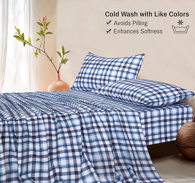 RUVANTI Flannel Sheets Full Size - 100% Cotton Double Brushed Bed Sheets Set, Deep Pockets 16 Inches, All Seasons Breathable & Extra Soft Full Sheets, Warm & Cozy, 4 Piece, Gingham Addition