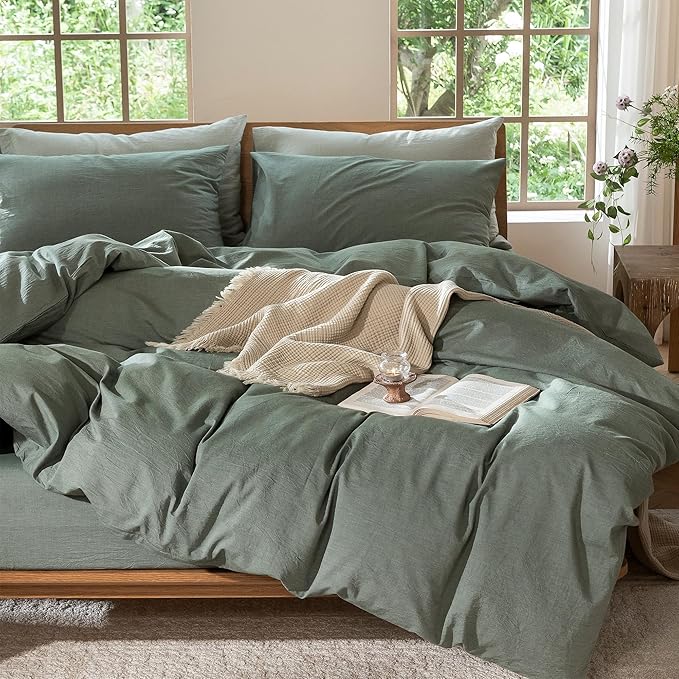 MooMee Bedding Duvet Cover Set 100% Washed Cotton Linen Like Textured Breathable Durable Soft Comfy (Heathered Green, Oversized Full 82"x86")