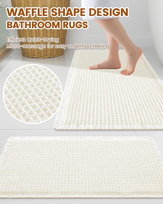 Smiry Waffle Bath Mat 30x18, Extra Soft Absorbent Bathroom Rugs, Non Slip Machine Washable Quick Dry Bath Rugs for Bathroom Floor, Tub, Shower, Home Decor Accessories, Cream