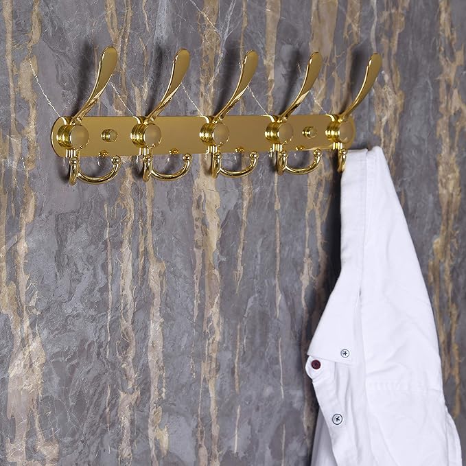 Dseap Coat Rack Wall Mounted - 5 Tri Hooks, Heavy Duty, Stainless Steel, Metal Coat Hook Rail for Coat Hat Towel Purse Robes Mudroom Bathroom Entryway,Gold
