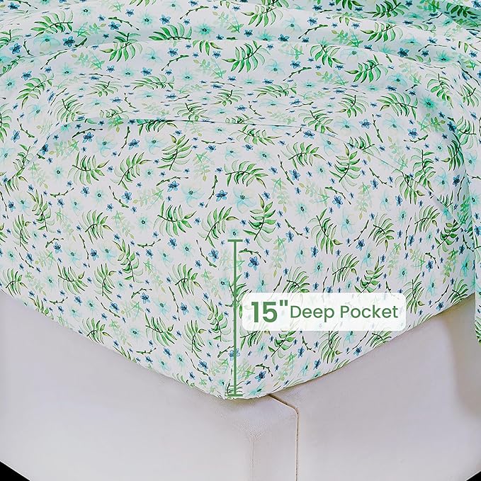Softan Green Floral Twin Sheet Set, 3-Piece Cozy Botanical Microfiber Printed Fitted Bed Sheet with 15" Deep Pockets & Non-Slip Straps, Fresh Greenery Blooms Patterned Sheets & Pillowcase Set