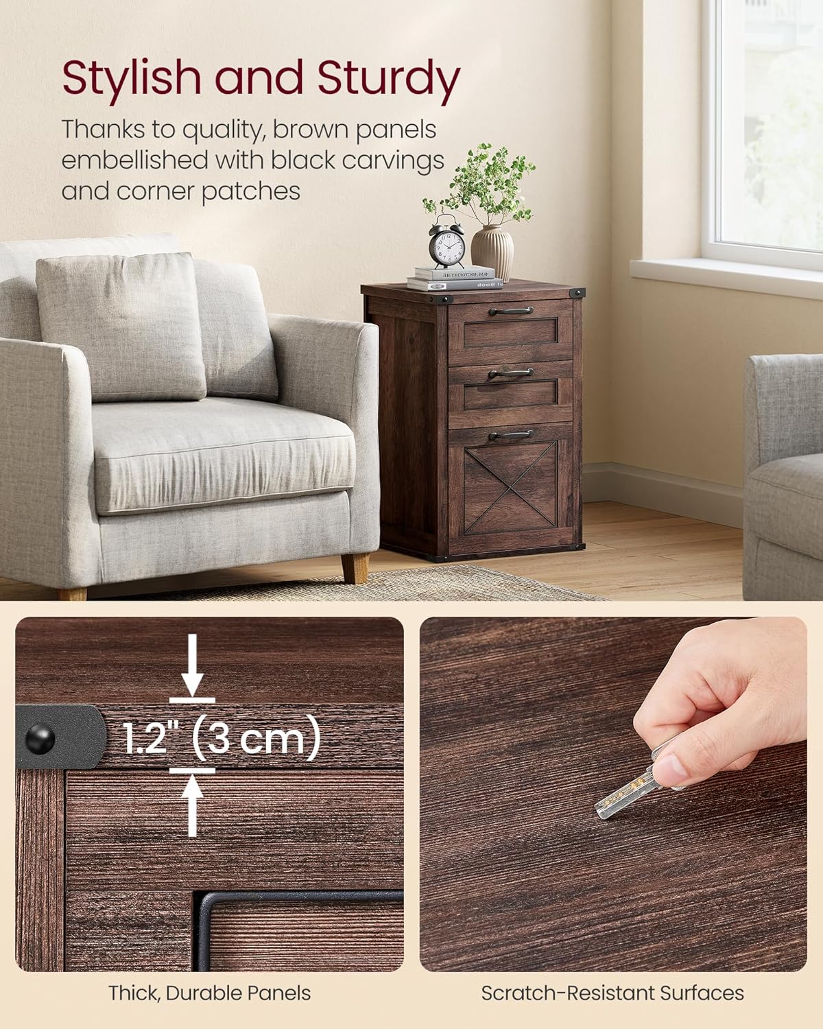 VASAGLE File Cabinet - Modern 3-Drawer Filing Cabinet for Home Office | Maroon Brown, Fits A4 & Letter Size