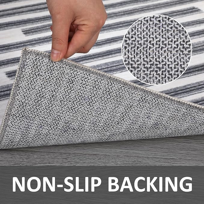Washable 5x7 Rugs for Living Room Low Pile Soft Bedroom Rug Modern Abstract Lines Carpet Non Shedding Thin Office Carpets Contemporary Geometric Striped Floor Mats for Kitchen Nursery, Beige Grey