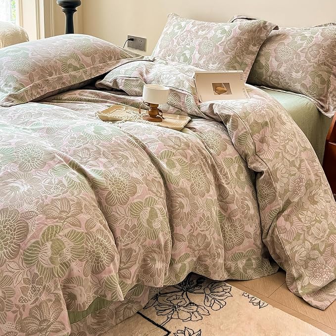 EAVD Vintage Style Pink Floral Duvet Cover Queen Soft 100% Cotton Muslin Yarn-Dyed Jacquard Textured Duvet Cover with Zipper Closure Linen Like Gauze Floral Bedding Set with 2 Pillowcases