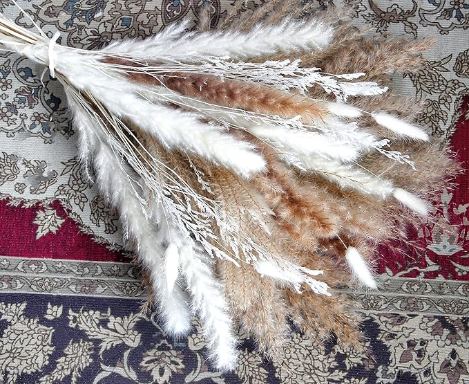 Dried Flower Bouquet - Pampas Grass, Bunny Tails & Preserved Flowers - Boho Chic Home Decor, Rustic Wedding Centerpiece, Farmhouse Style Arrangement, Long-Lasting Gift (113PCS)