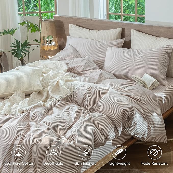 MooMee Striped Duvet Cover Set 100% Washed Cotton Linen Like Textured Breathable Durable Soft Comfy (Orange Pinstripes, Queen 90"x90")