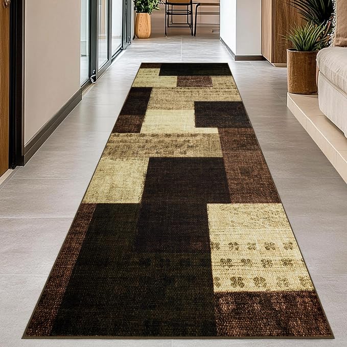 Modern Geometric Patchwork Indoor Runner Rug for Living Room, Warm Taupe 2.7'x 8' Rug Rockwood Collection Hardwood Floors Decor for Bedroom, Taupe Throw Carpet for Office Entryway Dining Room