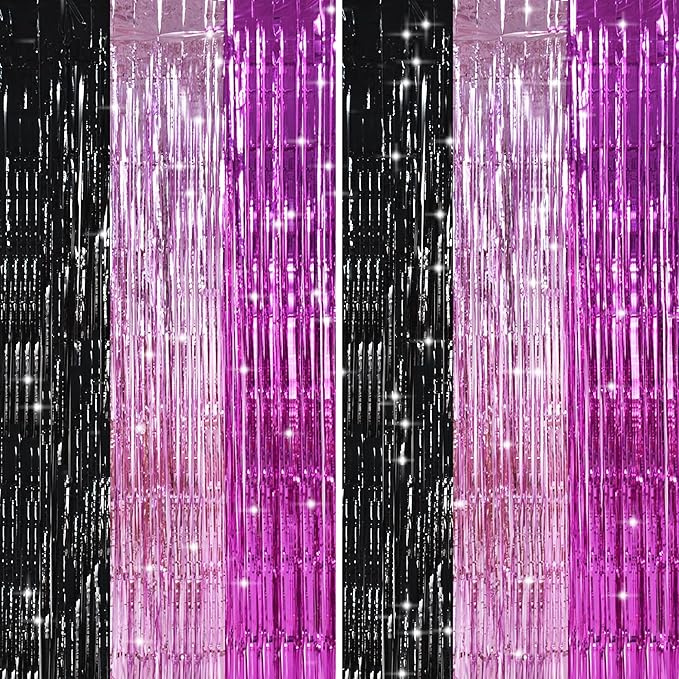 TONIFUL Black Pink Hot Pink Door Streamers,Black and Pink Photo Booth Backdrop Metallic Streamers Foil Fringe Curtain for Birthday,New Year,Graduation,Grad,Baby Shower Party Streamers Decoration