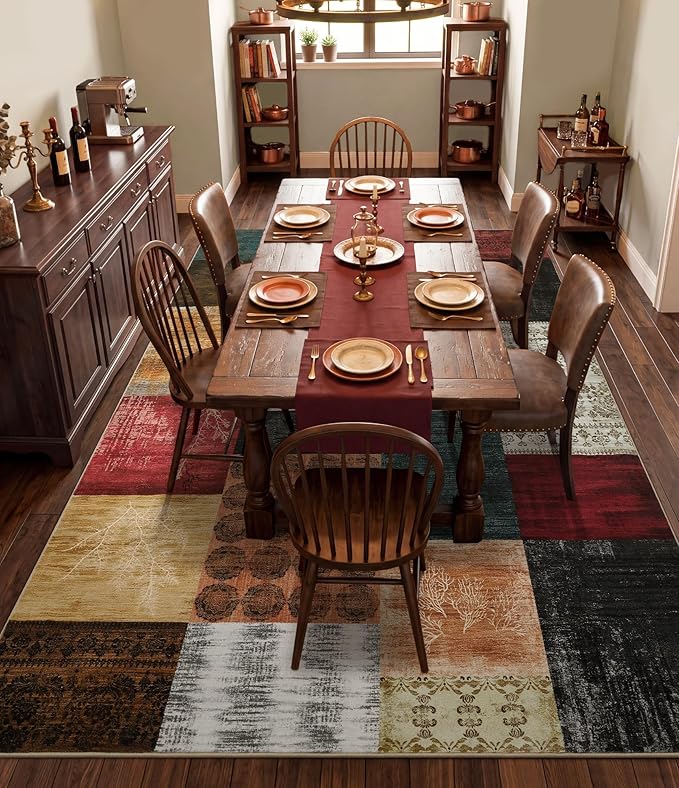 YIHOUSE Mid Century Modern Vintage Cowboy Area Rug 8x10 for Living Room,Retro Patchwork Rug Non Slip,Red and Brown Floral Farmhouse Rugs Washable, Geometric Boho Rugs for Kitchen,Dining Room,Bedroom
