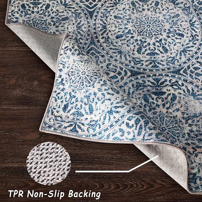 vivorug 4x6 Rug, Small Area Rug for Living Room, Bedroom, Kitchen, Machine Washable Non-Slip Throw Rug, Vintage Medallion Carpet for Entryway Nursery Coffee Table - Durable (Blue)