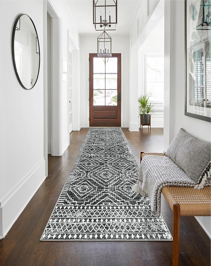 Wonnitar Moroccan Hallway Runner Rug 10 ft, Machine Washable 2'6"x10' Long Runner Rugs for Kitchen, Boho Non-Skid Soft Low Pile Carpet Runner for Entryway Hall Entrance (Dark Grey,2'6"x10')