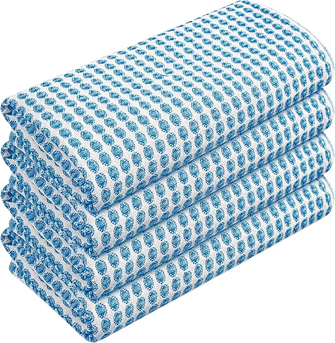TWINY threads Circle Waffle Dish Towels 4 Pack, 16x26 Inches, 100% Cotton, Premium, Heavy Duty, Soft Touch, Waffle Weave Tea Cloths, Excellent for Wiping Counters, Washing Dishes, Turquoise Blue