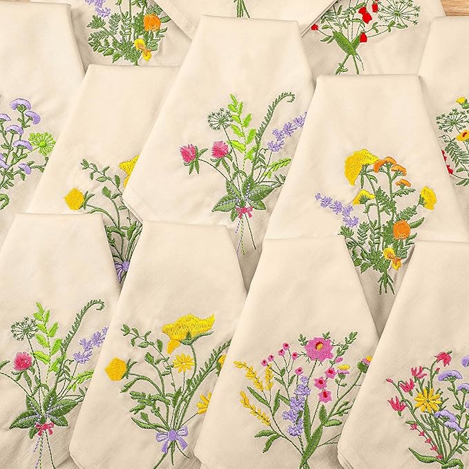 Tioncy 6 Pcs Christmas Floral Cloth Napkins Decorations Bulk Embroidered Wildflower Dinner Napkins Tea Cocktail Party Gifts Xmas Stocking Stuffers for Holiday Table Decor (Grey)