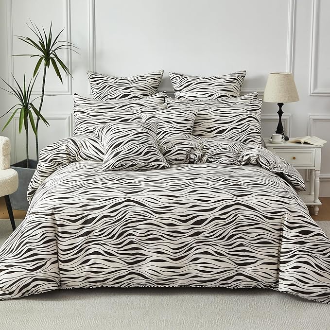 FADFAY Zebra Duvet Cover Queen, 100% Cotton Chocolate and White Animal Print Bedding Set, 3 Pieces with Zipper Closure & Corner Ties