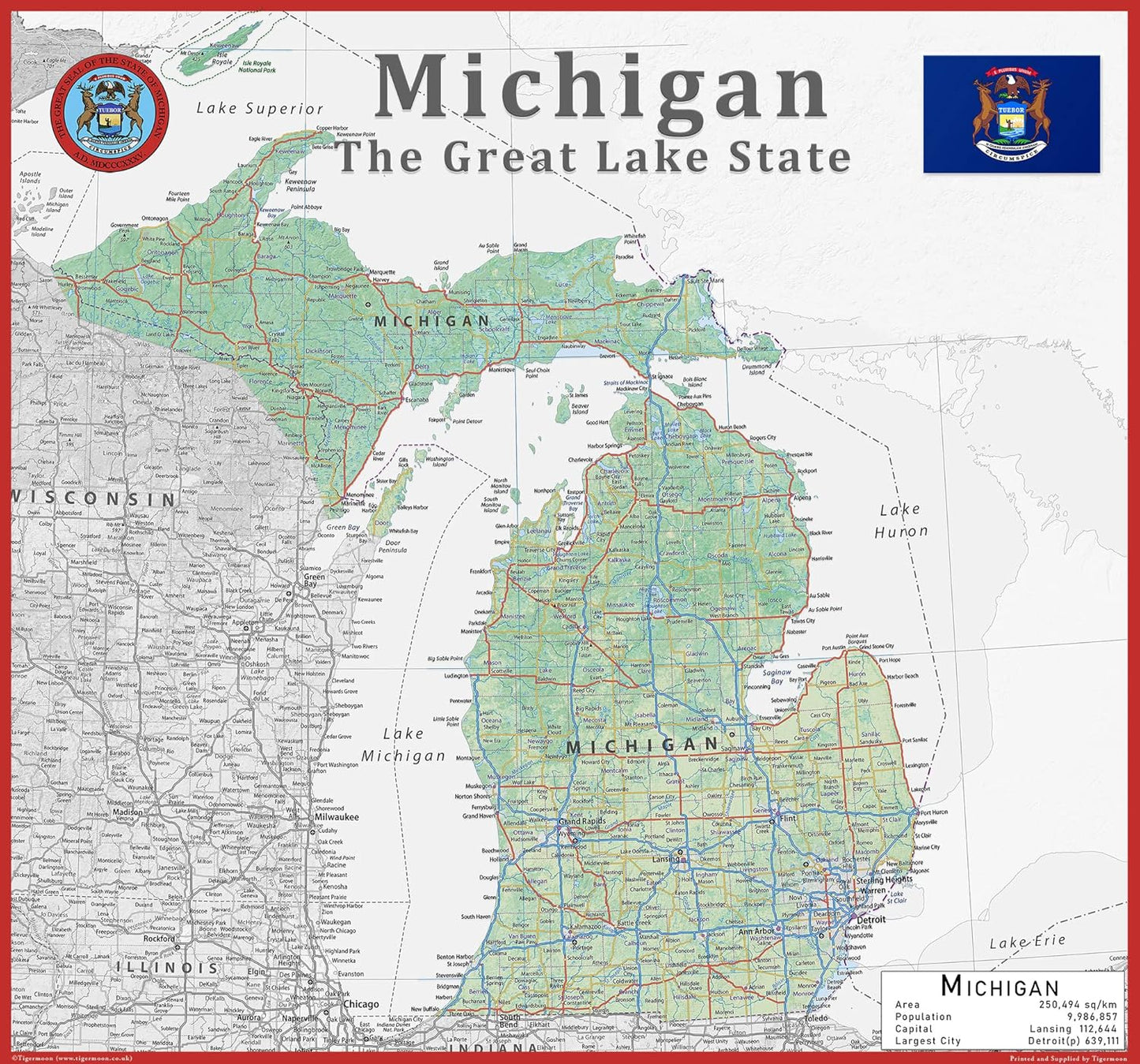 Tiger Moon Michigan State Map - 17.7 x 16.5 Inches, Physical Coated Paper, Blue Ocean Design