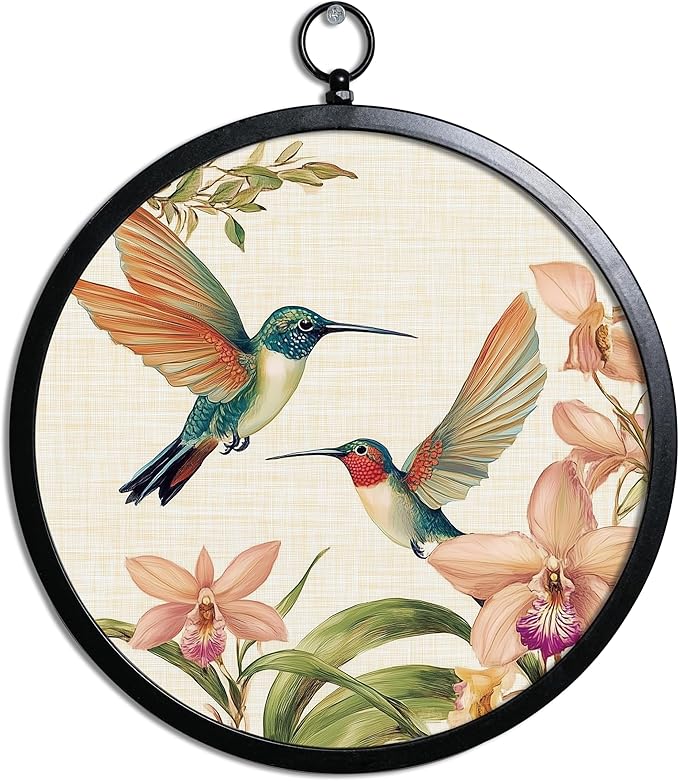 XIAOAIKA Vintage Wall Art with Metal Frame, Round Wood Print Featuring Hummingbirds and Orchid Flowers, Boho Wall Decor for Living Room, Bedroom, Kitchen, Hallway, 10 Inch