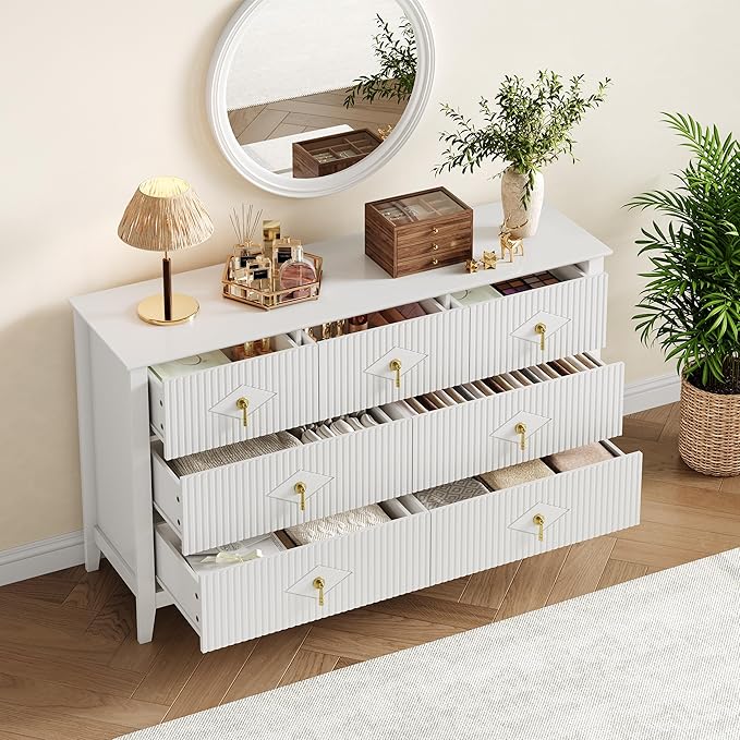 GarveeHome Fluted Dresser for Bedroom, 54 Inch Wide 7-Drawer Wood Dresser, Modern Chest of Drawers, Storage Organizer Cabinet for Living Room, Hallway, Entryway, White