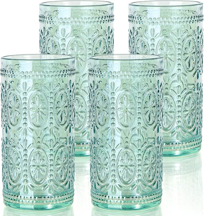abrwyy Green Drinking Glasses Set of 4, Vintage Drinking Glasses, Colored Glassware Drinking, Highball Beverage Glasses Cup, Vintage Glassware Set for Water, Juice, Cocktail, Coffee