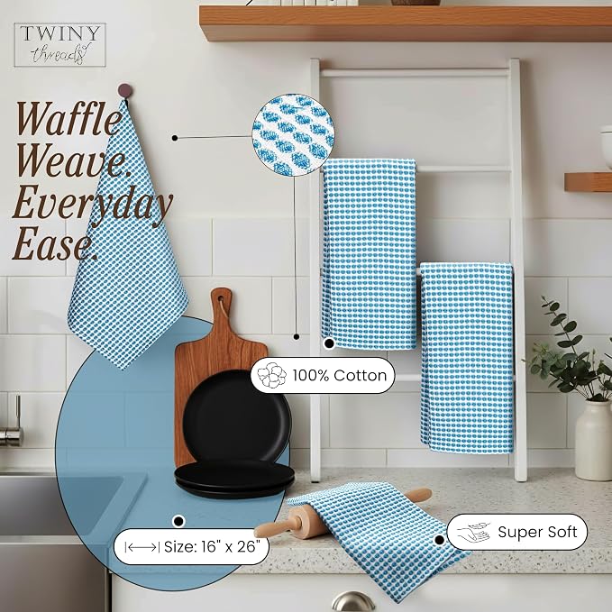 TWINY threads Circle Waffle Dish Towels 4 Pack, 16x26 Inches, 100% Cotton, Premium, Heavy Duty, Soft Touch, Waffle Weave Tea Cloths, Excellent for Wiping Counters, Washing Dishes, Turquoise Blue