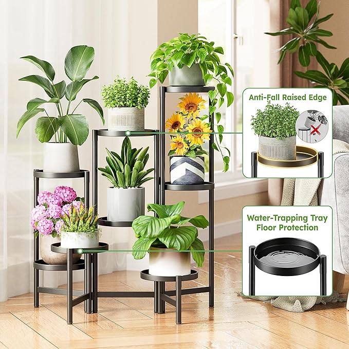 8 Tiered Plant Stand Indoor for Multiple Large Planter, Tall Heavy Duty Adjustable Folding Rack with Rustproof 7.9 Inch Wide Tray, Plant Shelf for Corner Living Room - BlackDisk