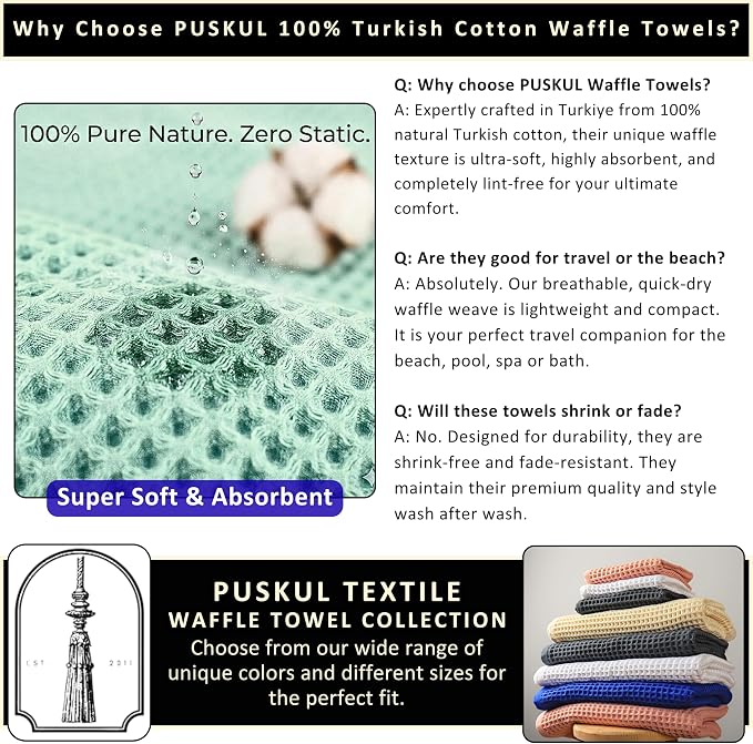 PÜSKÜL Organic Raw-Undyed Waffle Towels for Bathroom Set 4-Piece | Natural 100% Turkish Cotton Luxury 2 Hand Towel & 2 Bath Towel | Absorbent Quick Dry Lightweight Bath Towels Oeko-Tex Made in Turkey
