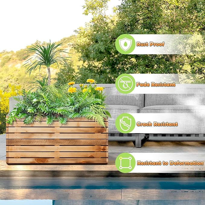 Metal Planter Box Rectangular Planter Box with Drainage Hole, Outdoor Large Planters, All-Weather Use, Rust-Resistance, for Flowers Plants, 32" L × 15" W × 16.3" H, Dark Walnut