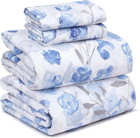 RUVANTI 100% Cotton Sheets Queen Size Set, 4 Pieces, Soft & Breathable Percale Weave Bedding, Deep Pocket 16", Hotel Standard, Crisp Cool Feeling, Durable, Perfect Floral Bed Sheet, Monotones
