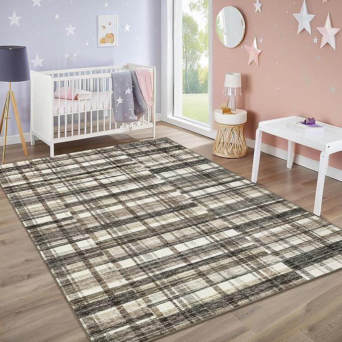 Modern Area Rug 8x10 Rug for Living Room Washable Rug Non Slip Geometric Plaid Throw Rugs Rustic Large Area Rug Low Pile Bedroom Rugs Stain Resistant Carpet for Classroom Office Beige 8'x10'