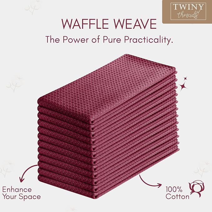 TWINY threads Dish Towel Waffle Texture, Pack of 12, 16x26 Inches, Large 100% Cotton Kitchen Linen Set, Absorbent Cloths for Drying Dishes and Cookware, Quick Drying, Machine Washable, Burgundy Wine