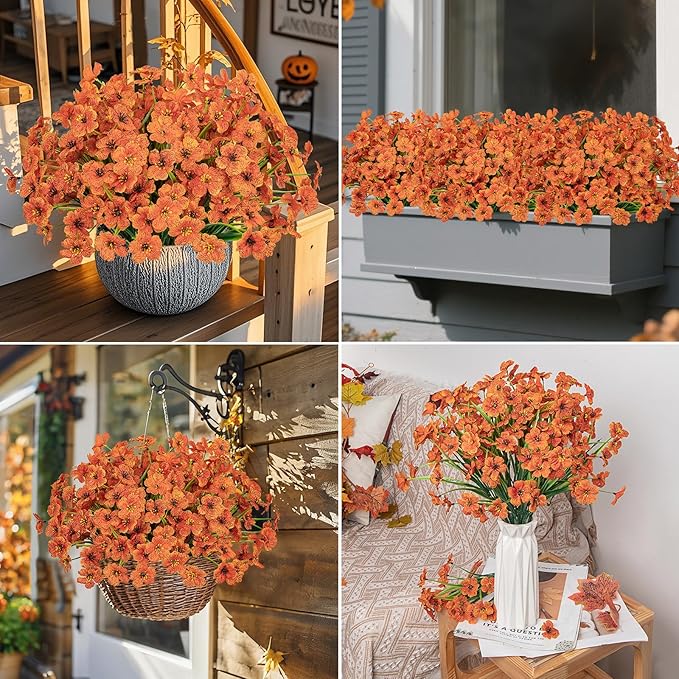 Ouddy Decor 24 Bundles Artificial Fall Flowers for Outdoors Fake Mums Fall Silk Flowers UV Resistant Faux Plastic Plants for Indoor Outdoor Vase Box Garden Porch Window Box Home Autumn Decor, Orange