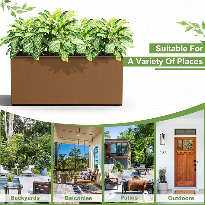 Metal Planter Box Rectangular Planter Box with Drainage Hole, Outdoor Large Planters, All-Weather Use, Rust-Resistance, for Flowers Plants, 38" L × 15" W × 16.3" H, Brown