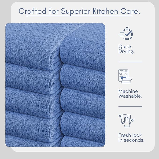 TWINY threads Kitchen Towels Set of 4, 100% Soft Cotton Waffle Weave Dish Towels, Quick Drying, Tea Towel with Hanging Loop, Resuable Cloths for Table Cleaning, Dining, Parties, 16"x26", Sky Blue