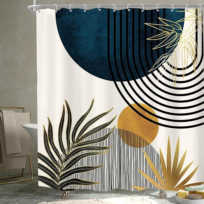 KOMLLEX Mid Century Blue Boho Shower Curtain 72Wx72L Inches Abstract Modern Blue Shower Curtains for Bathroom Decor Plant Botanical Minimalist Arch Sun Fabric Liner Waterproof Polyester 12 Pack Hooks