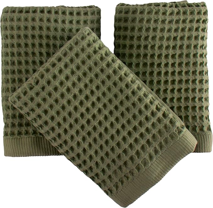 PÜSKÜL Natural 100% Turkish Cotton Waffle Kitchen Towels Set of 3 | Oeko-Tex, Premium Waffle Hand Towels for Bathroom | Soft Absorbent Quick-Dry Lint-Free Dish Towel Large 32x16 inch (3, Khaki Green)