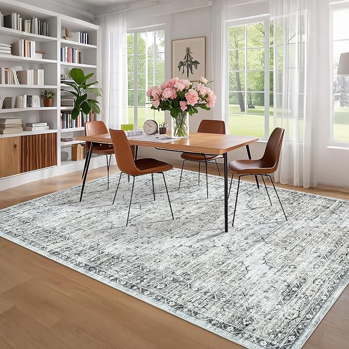 Washable 9x12 Boho Vintage Area Rugs for Living Room Non-Slip Distressed Large Rugs for Bedroom Dining Room Nursery Neutral Oriental Throw Thin Foldable Carpet for Playroom Vintage Carpet, Blue Brown