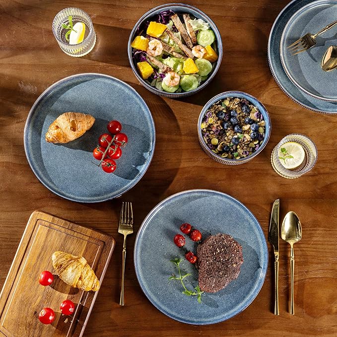 GBHOME 12-Piece Stoneware Dinnerware Set for 4 – Ribbed Ceramic Plates and Bowls, Scratch-Resistant, Microwave & Dishwasher Safe, Reactive Glaze, Ceylon Blue