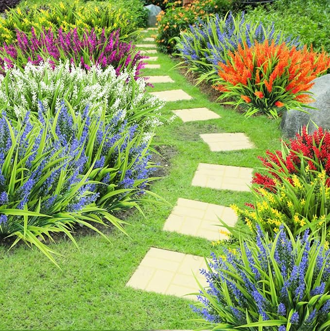 Ouddy Decor 24 Bundles Artificial Flowers for Outdoors, Fake Lavender Flowers Monkey Grass Faux Plastic Plants Shrubs UV Resistant for Porch Garden Window Box Office Home Decorations, Mixed