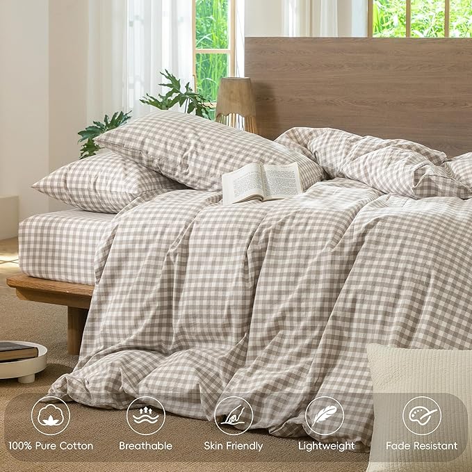 MooMee Gingham Duvet Cover Set 100% Washed Cotton Linen Like Textured Breathable Durable Soft Comfy Modern Checkered Design (Tannish Linen Grey Gingham, Super King 108"x98")