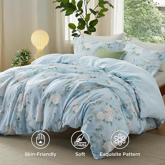 Bedsure Duvet Cover King Size - Reversible Cute Floral Duvet Cover Set with Zipper Closure, 3 Pieces Aqua Blue Bedding Set with 8 Corner Ties and 2 Pillow Shams 20"x36"