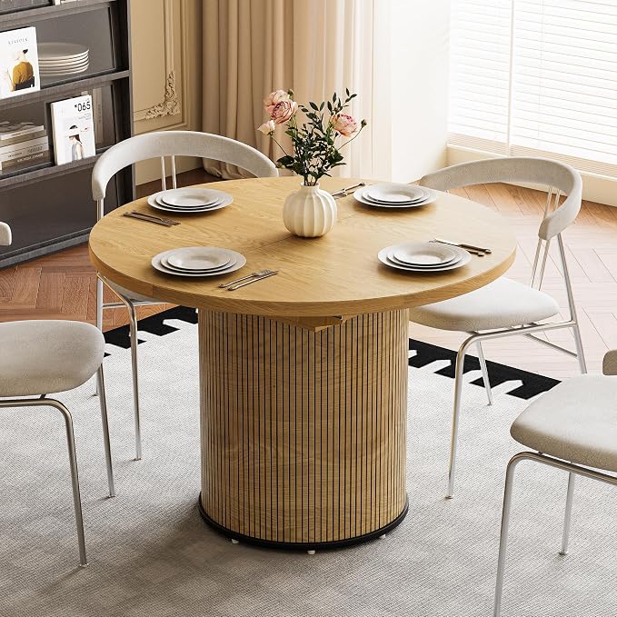 Extendable Round Dining Table for 4-8, 43in-59in Modern Wood Dining Room Table with Removable Leaves, Extendable Dinner Tables w/Heavy Duty Base for Kitchen|Living Room|Small Space, Natural