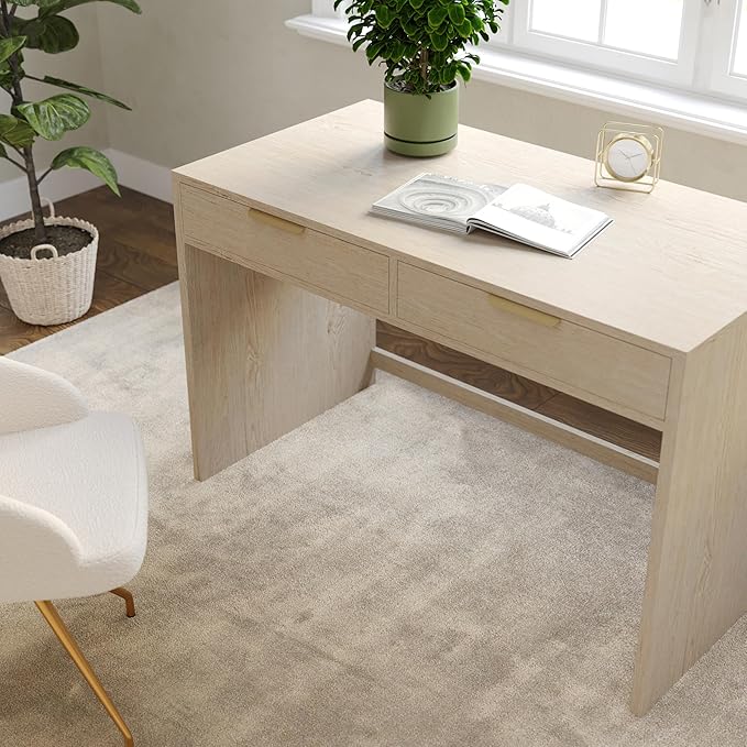 Martha Stewart Kayden Home Office Modular Desk with 2 Drawers in Light Natural with Brushed Gold Hardware