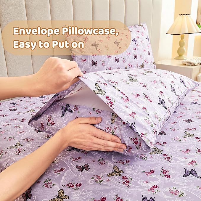 Softan Purple Floral Bed Sheets Full, Paisley Flower Printed Sheet Set, Cozy Microfiber Fitted Sheet with 15" Deep Pocket & Non-Slip Straps, Butterfly Patterned Sheets & Pillowcase Set