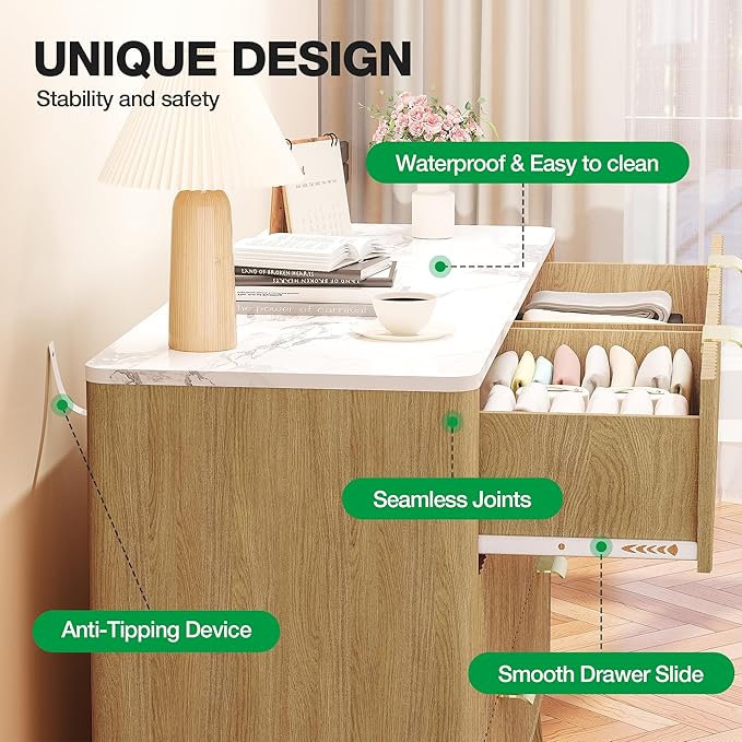 Fluted 9 Drawer Dresser, 57" Wide Chest of Drawers with Faux Marble Top,Modern Dresser TV Stand, Wood Closet Clothes Storage Organizer with Curved Edges for Bedroom, Living Room, Natural