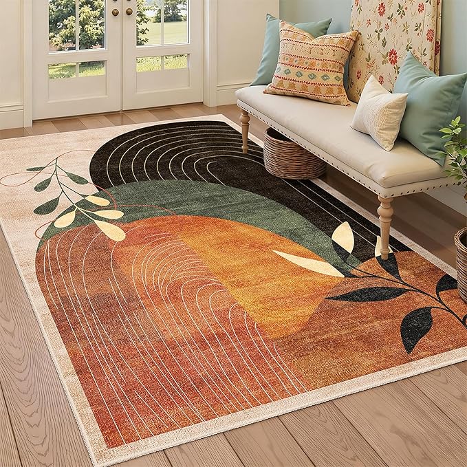 MUJOO 3x5 Washable Rugs,Boho Large Area Rug for Entryway Kitchen Entry Bedroom Bedside Foyer,Small Throw Carpet Indoor Non Slip Mid Century Modern Abstract Botanical Geometric Accent Terracotta
