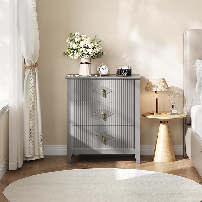 GarveeHome 2Pcs Wood Nightstand Fluted Dresser for Bedroom, 27.5" Wide 3-Drawer Bedside Tables, Modern Chest of Drawers, Storage End Table Living Room, Hallway, Entryway, Grey