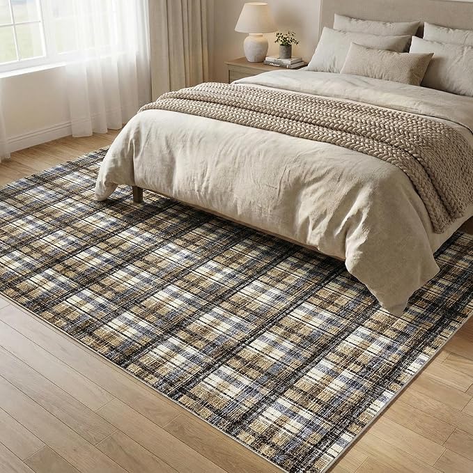 Living Room Rug 4x6 Washable Area Rug for Bedroom Modern Boho Border Non Slip Throw Rugs Soft Low Pile Stain Resistant Carpet for Nursery Classroom Dining Room 4'x6' Blue&Camel