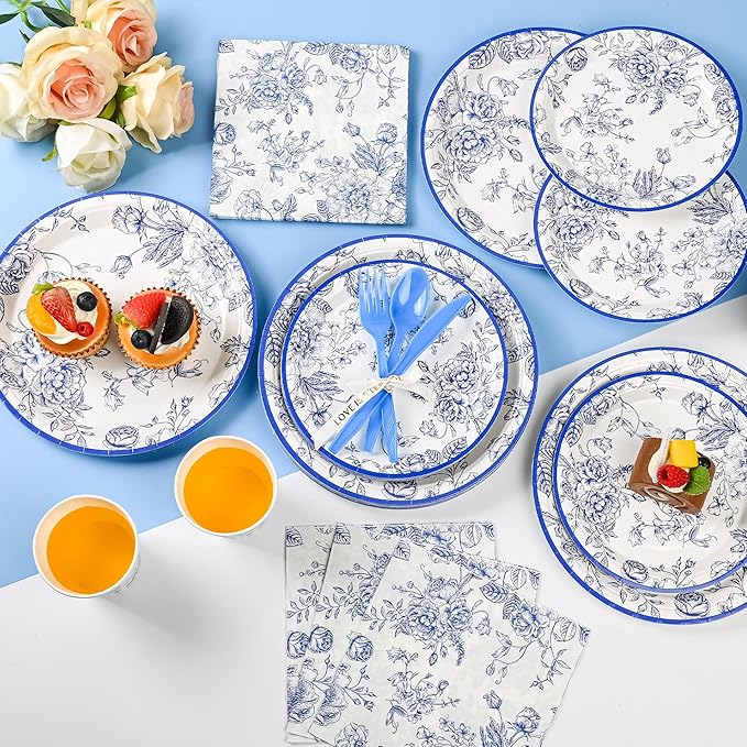 175Pcs Blue Floral Paper Plates and Napkins 25 Guests Blue Toile Chinoiserie Party Supplies Set Include Plates Napkins Cups Spoons Forks Knives for Birthday Wedding